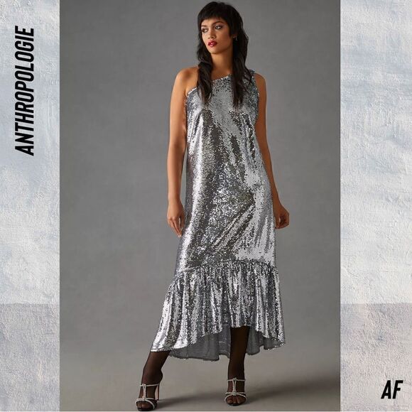 ANTHROPOLOGIE MAEVE ONE SHOULDER SEQUINED MIDI DRESS IN SILVER - Picture 9 of 11